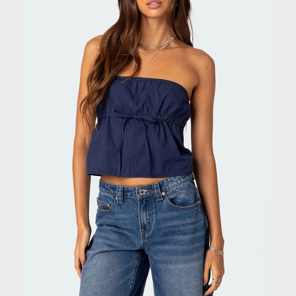 Edikted Navy Blue Off-Shoulder Top
